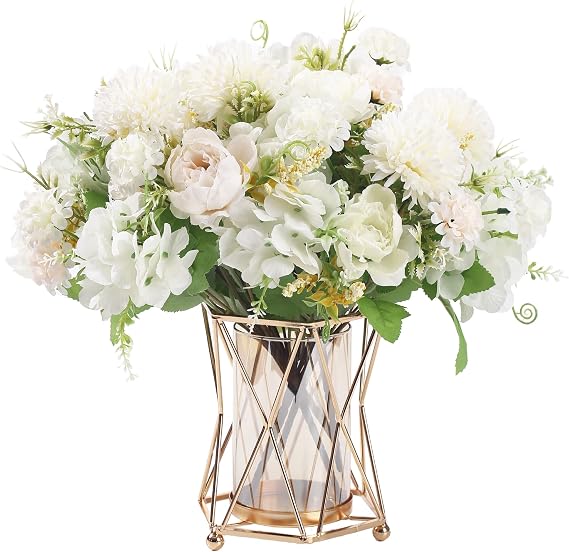 HNVNER 2 Bunches Peony Artificial Flowers White Silk Hydrangea Bouquet Mixed Fake Flowers Decor for Wedding Party Table Centerpieces Floral Arrangement Home Kitchen