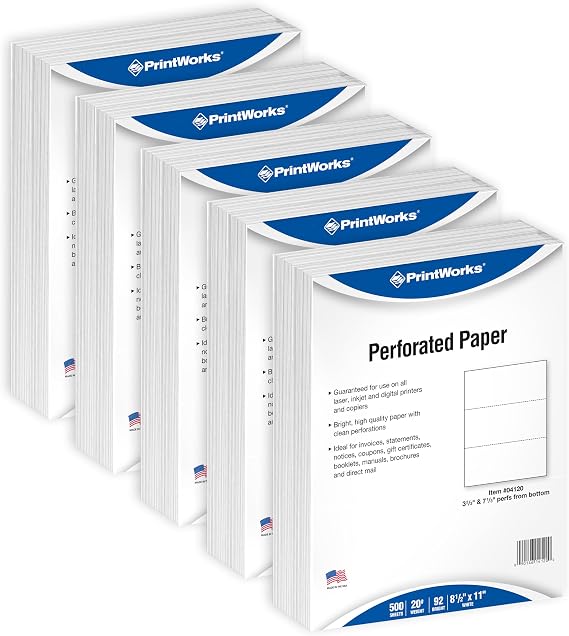 PrintWorks Professional 3 Part Perforated Paper 8.5 x 11 - Perfect For W-2, 1099, Statement Use - Made in the USA - 2500 Sheets - 20 lb - Printer Compatible - White (04120C)