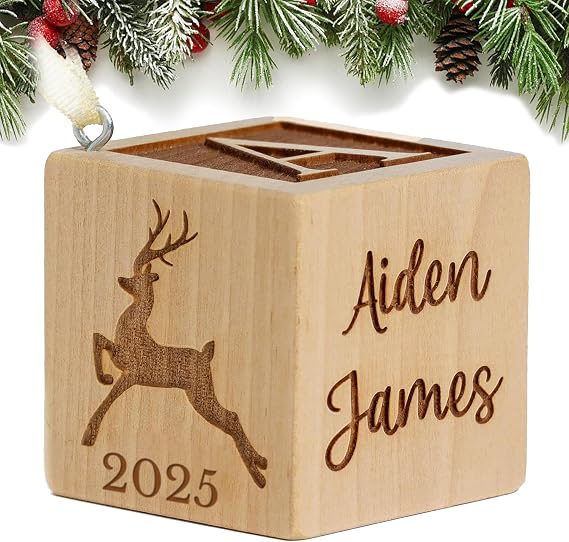Babys First Christmas Ornament 2026 Personalized Wooden Keepsake Block with Name & Year Custom Engraved for Newborn Boy or Girl