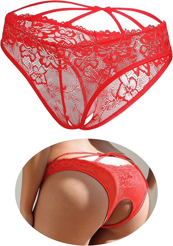 Women's Lace Cut Out Criss Cross Back Panties with Bow S-2XL