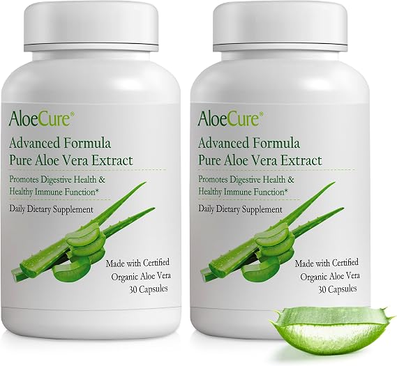 AloeCure Aloe Vera Capsules for Gut Health & Digestive Comfort 30ct x 2btl | Vegan, non-GMO inner leaf extract, made with organic aloe vera. Aloin Free stomach acid buffer, natural immune supplement.