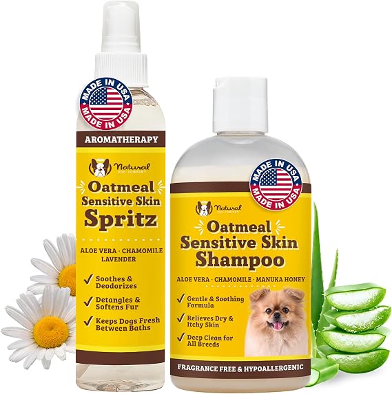 Natural Dog Company Sensitive Skin Shampoo and deodorizing Spray Grooming Bundle, Includes (1) Sensitive Skin Shampoo 12 Oz, (1) Sensitive Skin Dog deodorizing Spray 8 Oz