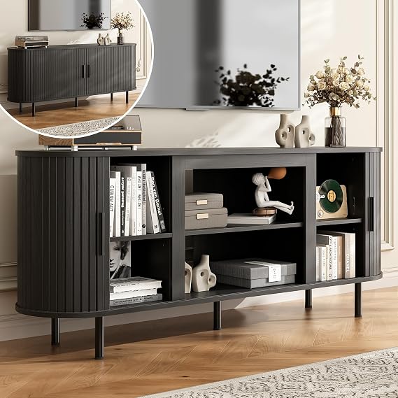 65" Oval Fluted Fireplace TV Stand Modern Tambour Media Console(Black) | 8 extra-large compartments,Anti-tip,Curved Slat Door,23" Electric Fireplace