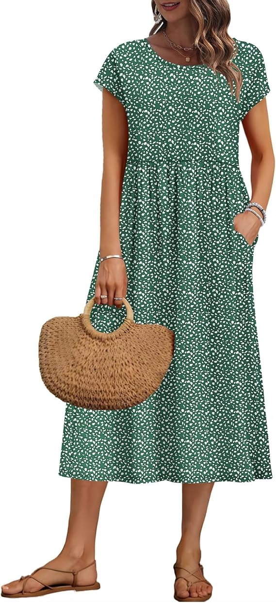 AUSELILY Women's Summer Short Sleeve Midi Dresses Loose Dress with Pockets