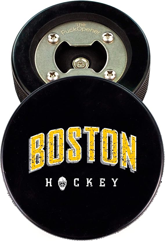 Boston Bottle Opener, Made from a Real Hockey Puck, Cap Catcher Magnet, Drink Coaster, Hockey City Design, The PuckOpener