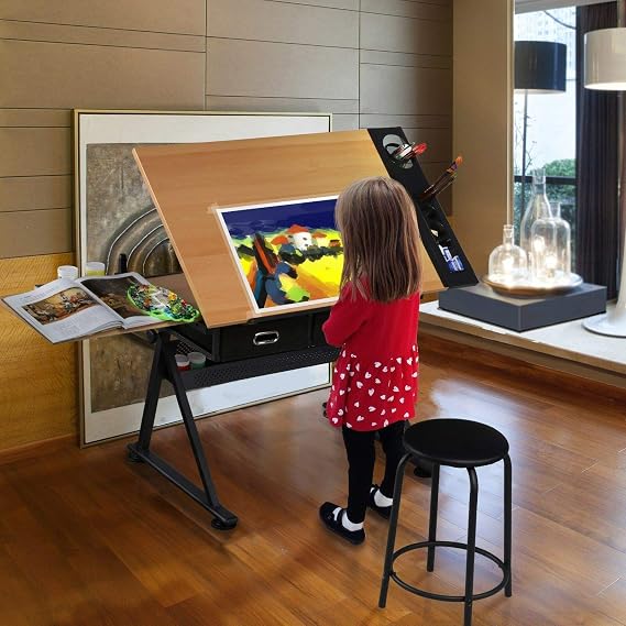 Drawing Table Adjustable Folding, Designer Architect, Drafting Table Art & Craft Drawing Desk w/ Drop Leaf, Drawers, Side Tray Comfortable Work Space Workstation Home, Office, Studio, or School