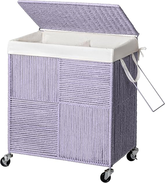 WOWLIVE Double Laundry Hamper with Wheels, Handwoven Rolling Laundry Basket