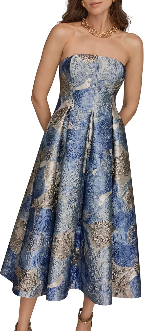Donna Karan Women's Jacquard Strapless Pleated Midi Gown