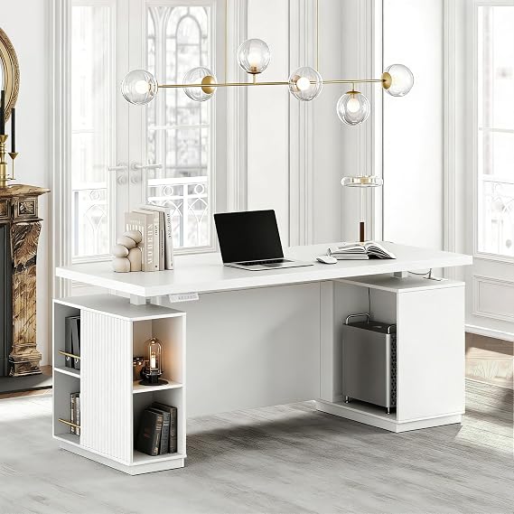 70" Standing Desk with Storage, Executive Electric Height Adjustable Stand Up Desk with AC/USB, Privacy Panel, Large One-Piece Destop, White