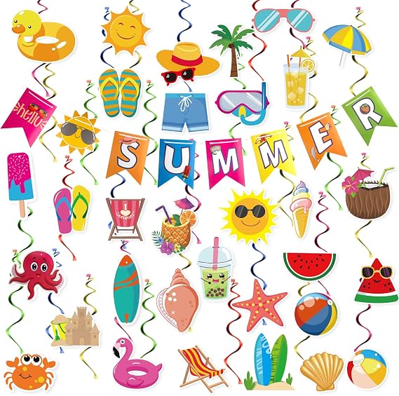 Summer Party Decorations - 65 Pieces Beach & Pool Party Supplies, Hello Summer Banner, Hanging Swirls, Streamers, and Beach Theme Decorations for Home, Office, Kids, School, Classroom