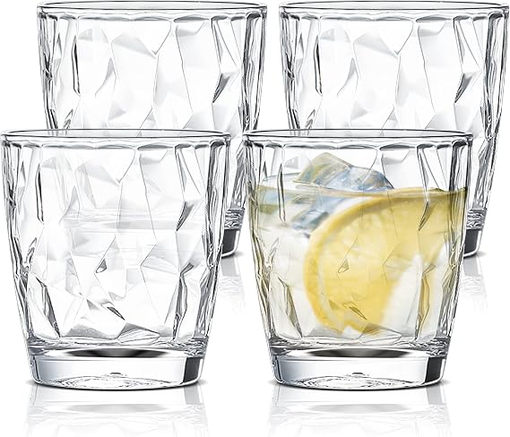 Reusable Plastic Tumblers - Set of 4 Plastic Cups for Kids and Adults - 300ml Crystal-Clear Drinking Tumblers for Water, Juice - Unbreakable and Durable Plastic Glasses, BPA Free (Clear)