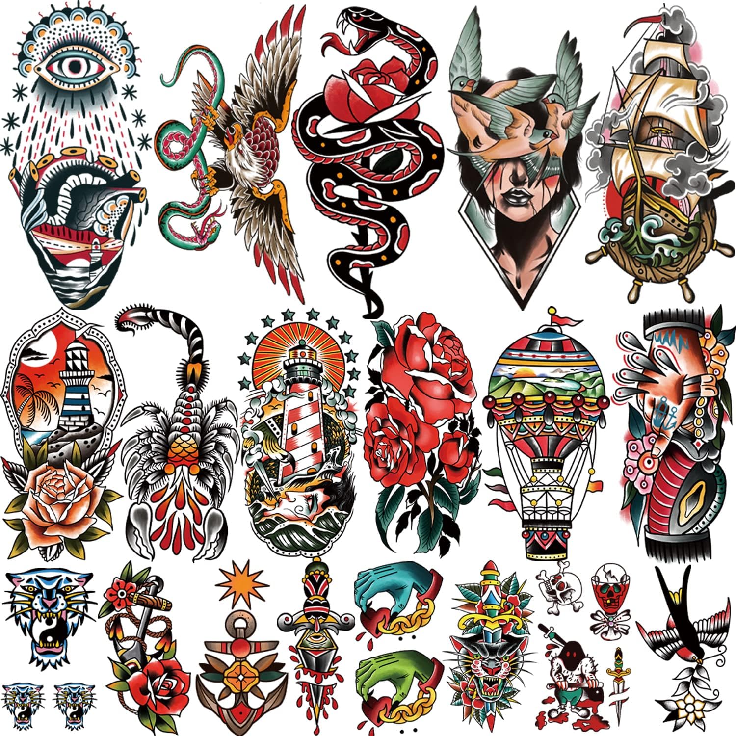 77 Sheets Temporary Tattoos Old School Sailor Jerry Style American Traditional Flower Rose Arm Fake Tattoos Stickers for Women Men Adults Kids