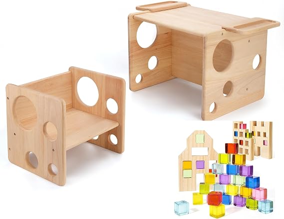 Montessori Weaning Table and Chair Set for Toddler, Natural Solid Wooden Kids Table Cube Chair for Boy Girl, with Wooden Building Blocks Set for Kids, 36 PCS Rainbow Acrylic Gem Cubes Blocks