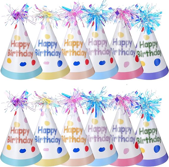 Prasacco 12 Pcs Birthday Hats with Pom Poms Colorful Party Hats Rainbow Cone Hat for Kids Adults Girls Boys Photo Props Celebrations Birthday Party Supplies Decorations