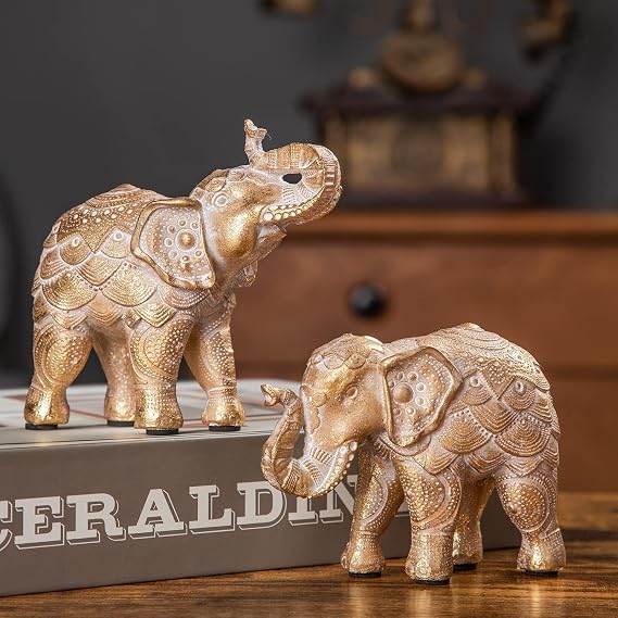 Elephant Figurine Set Of 2 Gold Ornament Home Shelf Decor Feng Shui Gift