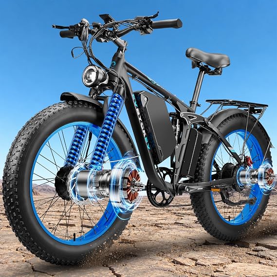 9000W Peak Dual Motor Ebike,58V Max 34Ah Adults Electric Bike,Up to105 Miles Range 47MPH Top Speed Fast Ebike,Full Suspension 24Inches Fat Tires Mountain Ebike for Sand Off-Road(Used Like New)