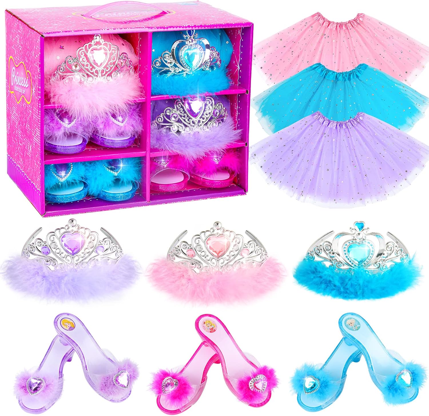 Princess Dress Up Shoes Princess Dresses for Girls, Dress Up Clothes Pretend Play Costumes-3 Sets of Princess Shoes, Dresses and Crowns, Princess Accessory Toys for 3-6 yr Girl Birthday Gifts