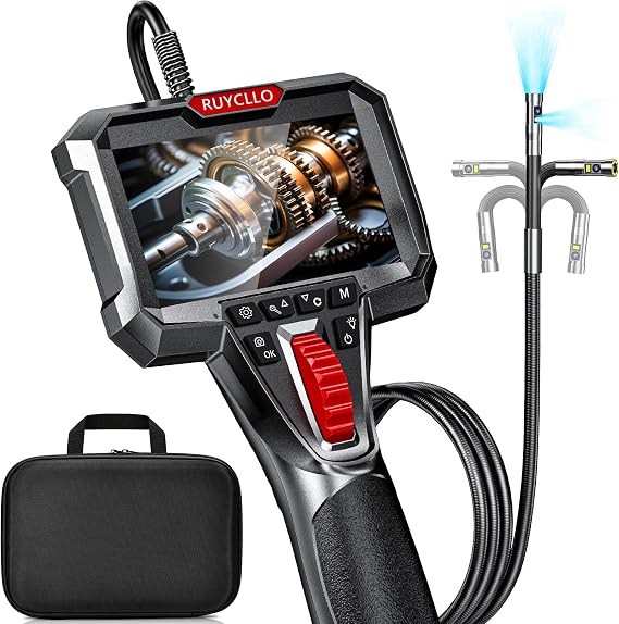 6.5mm Dual Lens Industrial Endoscope Camera with Light, 210° Flexible Inspection Camera with 4.3" IPS Screen, IP67 Waterproof Snake Camera with 32GB SD Card, 1080P Borescope for Automobiles