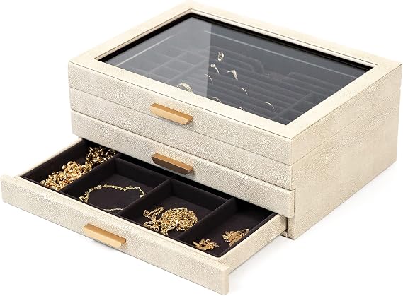 CASE ELEGANCE Large 3-Tier Jewelry Box with Glass Lid | Shagreen vegan leather, velvet lined, brass hardware