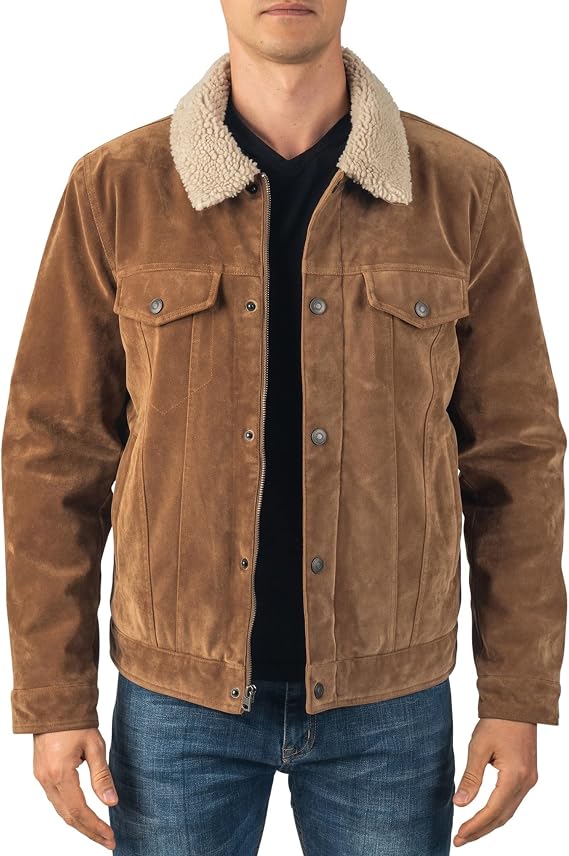 Alpine Swiss Aaron Mens Trucker Jacket | Sherpa Lined Faux Leather | Removable Collar | Warm Winter Coat | 5 Pockets
