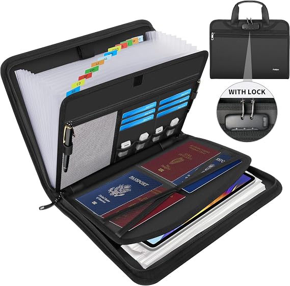 Important Document Organizer with Lock, Fireproof Accordion File Organizer | 13 Pockets Expanding File Folder with Handle & Labels, Portable Travel Business Binder Papers Organizer for Letter A4 Files