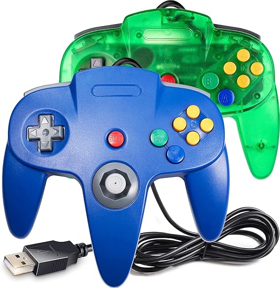 2 Pack Classic N64 Controller, miadore N64 Wired USB PC Game pad Joystick, N64 Bit USB Wired Game Stick Joy pad Controller for Windows PC MAC Linux Raspberry Pi 3 Sega Genesis (Clear Green/Blue)