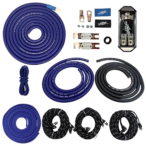 Sky High Car Audio 1/0 to Dual 4 Gauge Premium CCA Dual Amp Kit, Complete Amplifier Wiring Kit with ANL Fuse Block, RCA Cables Blue/Black