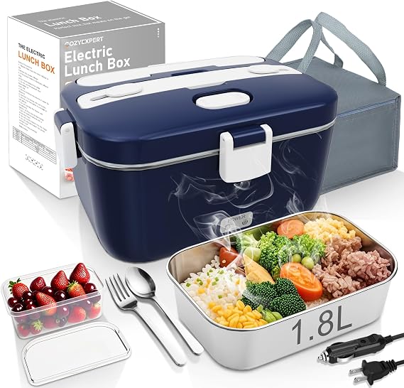 COZYEXPERT 100W Electric Lunch Box Food Heated 12/24V 110V Fast Food Warmer | Lunch Heater for Car/Truck/Home, Portable Food Heating Boxes with 1.8L 304 SS Container 0.45L Compartment(Royal Blue+White)