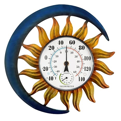 Outdoor Thermometer Hygrometer, 13" Vintage Sun Moon Wall-Mounted Decor
