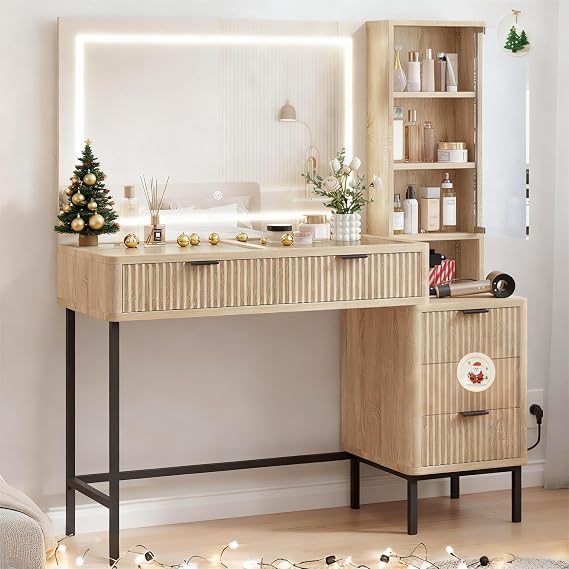 EROMMY 48" Fluted Makeup Vanity Desk with 36" Large Mirror and Lights, Big Vanity Table with 5 Drawers, 3 Storage Shelves and Charging Station, Modern Glass Top Dressing Table Set for Bedroom