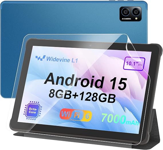 10 inch Android 15 Tablet: Octa-Core, 8GB RAM 128GB, 7000mAh, with Stand Case, IPS HD Display, Wi-Fi 6, OTG, Metal Body Fast & Portable Tablet for Work & Entertainment, 2-Year Protection