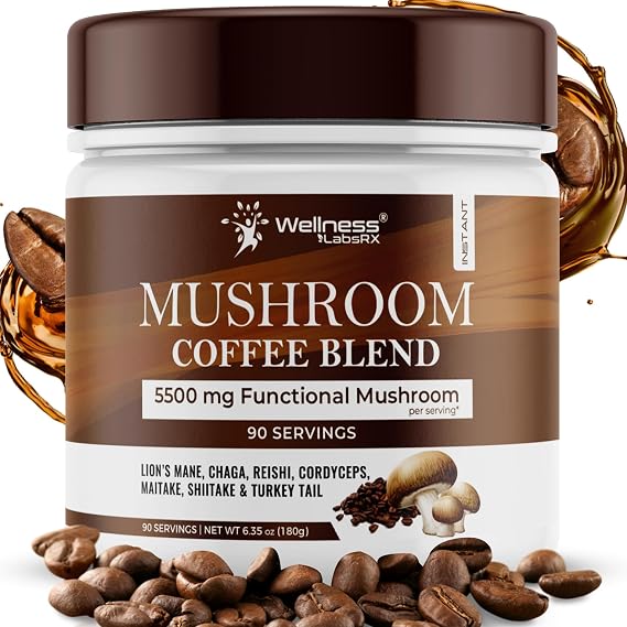 Organic Mushroom Coffee Instant, 7 Superfood Mushroom Blend, 90 Servings | Lions Mane, Chaga, Reishi, Cordyceps, Maitake, Shiitake & Turkey Tail, Colombian Roast, Keto Coffee, Smooth Taste, 1 Pack