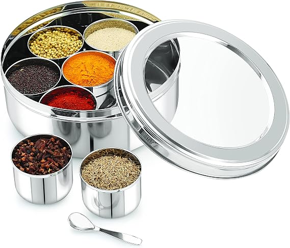 Spice Container - Masala Dabba - 7 Compartments, masala box,steel masala container,Spice container box,stainless steel spice box indian masala storage box (8 inch)