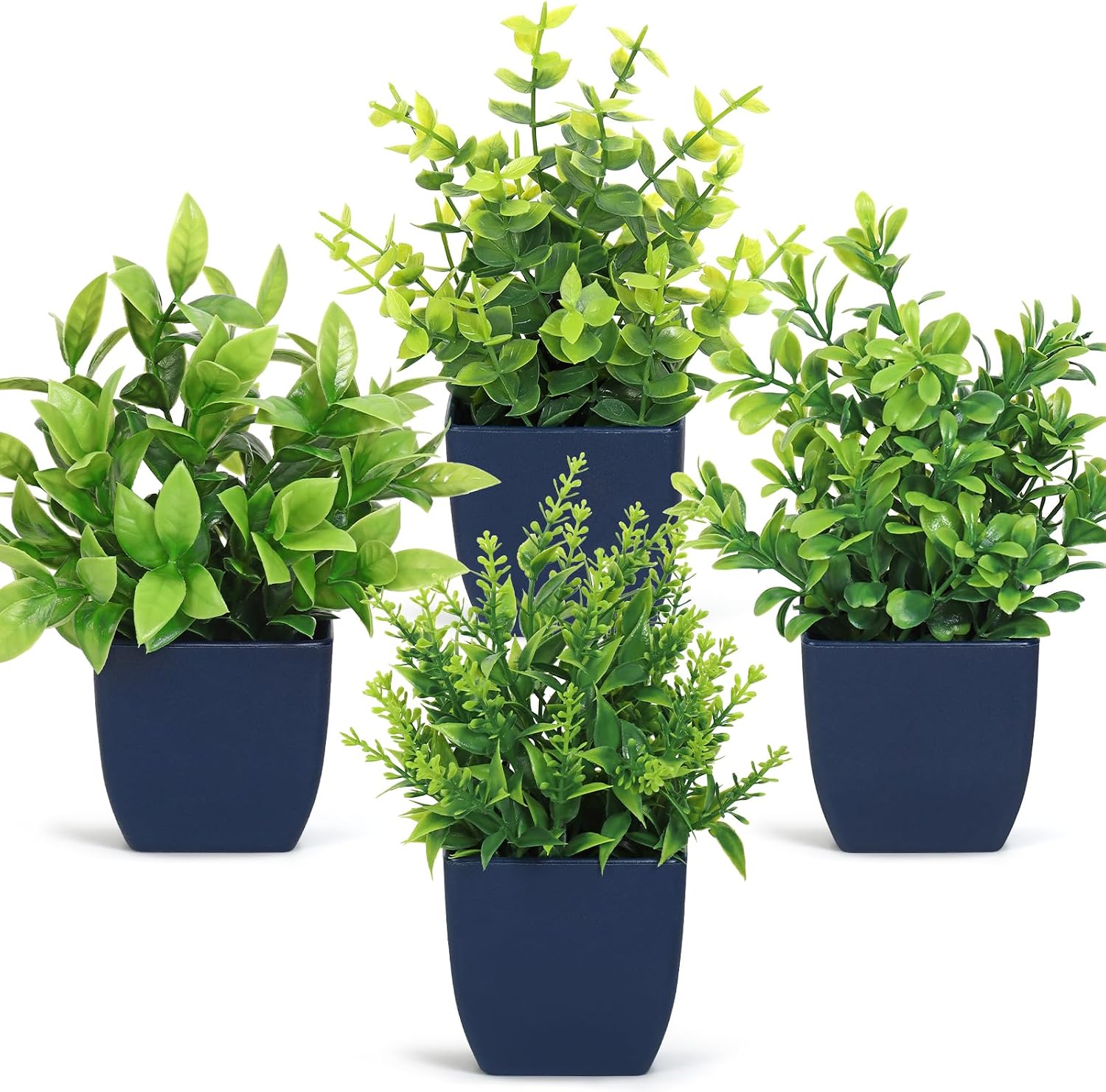 Betylifoy Artificial Potted Plants Mini 4PCS Small Fake Plants Greenery Indoor Decor Eucalyptus Plant Faux Plastic Plants for Office Home Bedroom Living Room Bathroom Desk (4, Blue)