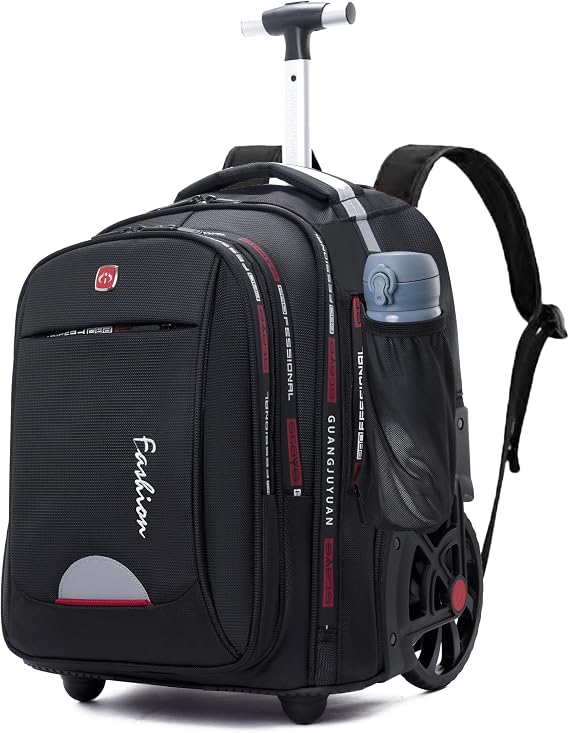 Rolling Backpack for Adults Waterproof Travel Wheels Backpack with Wheels Fit 17 Inch Laptop, Black