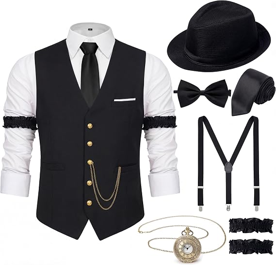 1920s Mens Costume Outfit, Roaring 20s Gatsby Accessories for Men, Vest Hat | 1920 mens outfit, gangster mobster costume,Peaky blinders costume, pocket watch, suspenders and tie, Harlem Nights, Halloween