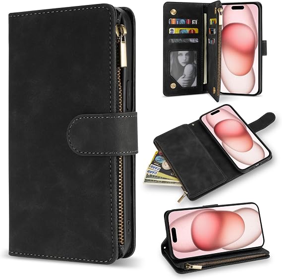 for iPhone 15 Wallet Case Zipper Pocket 6.1 inch,Black
