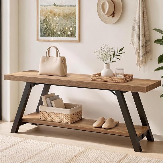 LVB Entryway Bench with Storage, Wood Bench for Entryway, 47 in | Rustic oak Indoor Entry Way Benches Seat, Wood and Metal Bench for Hallway Living Dining Room and Foyer Entrance
