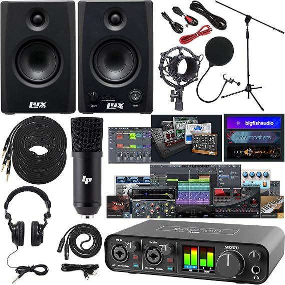 MOTU M2 2x2 USB-C Audio/MIDI Audio Interface & Multi-Software Bundle with LyxPro 3.5BT 50W Bluetooth Studio Monitors