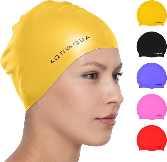 AqtivAqua Silicone Swim Cap Waterproof // Comfortable Swimming Cap for Women Men Adult and Kids