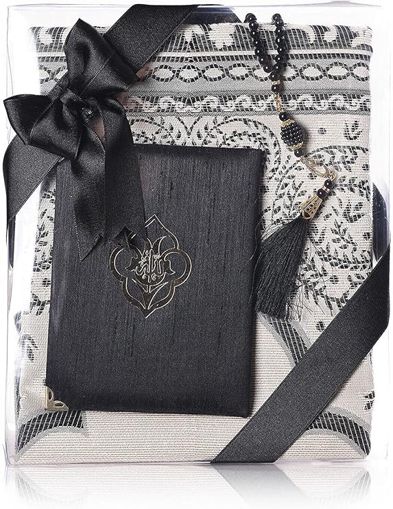 Muslim Prayer Rug, Yaseen Surah Pocket-Size Book & Prayer Beads Set, Perfect Islamic Gift I Mawlid Gift I Suitable for Men, Women and Kids I Islamic Ramadan Eid Gifts, (Black,15 Sets)
