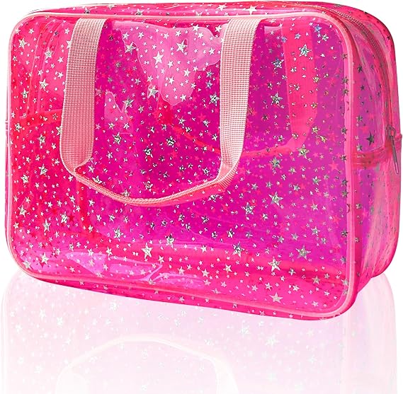 Clear Star Print Cosmetic Bag, PVC Waterproof Travel Makeup Pouch,Large Clear Travel Toiletry Bag,30 x 13 x 21.6 cm(Pink)