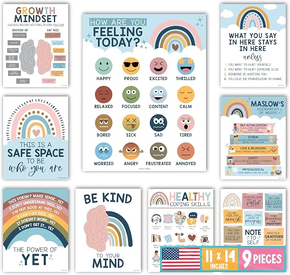 Hadley Designs 9 Mental Health Posters for Classroom - School Counselor Office Must Haves, Mental Health Therapy Office Decor, Counseling Growth Mindset Posters, Power of Yet, Boho Classroom Decor