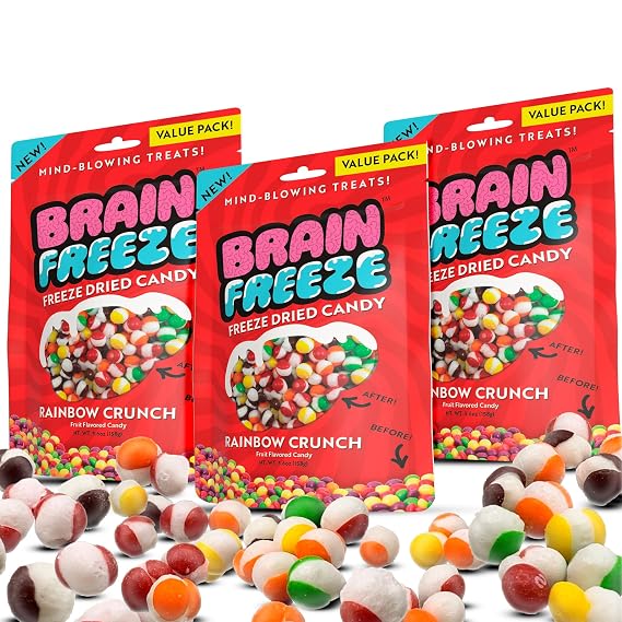 Brain Freeze Crunch Freeze-Dried Candy Irresistible Sweet & Tangy Gourmet Snack (3 Pack, Rainbow Crunch)