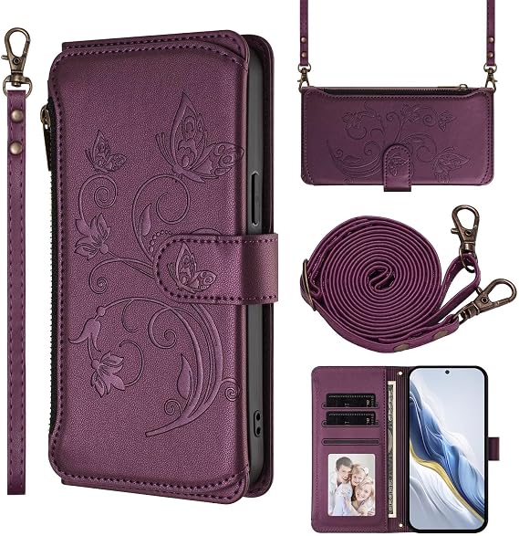 Wallet Case for VIVO V29 5G / V29 Pro, Shockproof PU Leather Phone Cover with Card Slots Detachable Lanyard Kickstand, Girl Women Flower Floral Flip Wallet Case-Darkpurple
