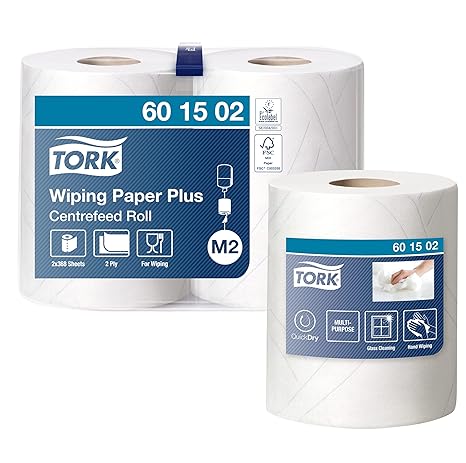 Tork Centrefeed Wiping Paper Plus White M2, Multipurpose, 2 x 368 Sheets, 601502