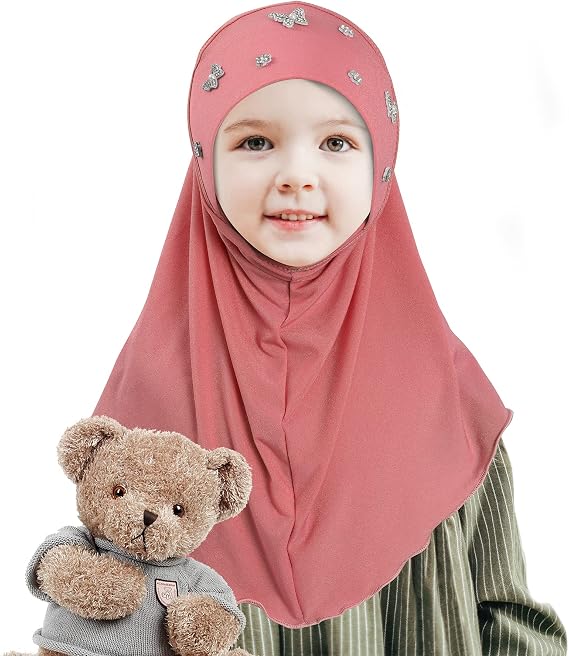 Lenmipot Little Girls Hijab Islamic Kids Hijab Headscarf Handmade Butterfly Rhinestone Muslim Hijab Cap for Girl (2-5year)