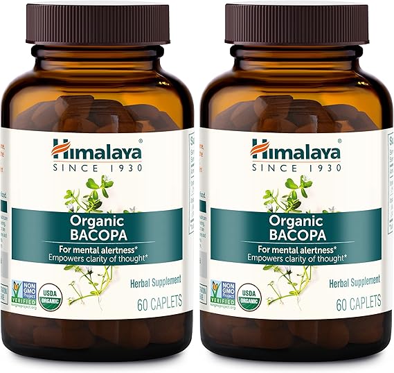Himalaya USDA Organic Bacopa Monnieri Nootropic Herbal Supplement,Brahmi,Bacopa Supplements, Bacopa Extract,Mental Alertness, Supports Calm,Memory,Cognition,Non-GMO,750 mg, 120 Plant-Based Caplets