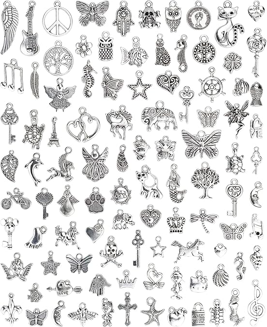JIALEEY Wholesale Bulk Lots Jewelry Making Silver Charms Mixed Smooth Tibetan Silver Metal Charms Pendants DIY for Necklace Bracelet Jewelry Making and Crafting, 100 PCS