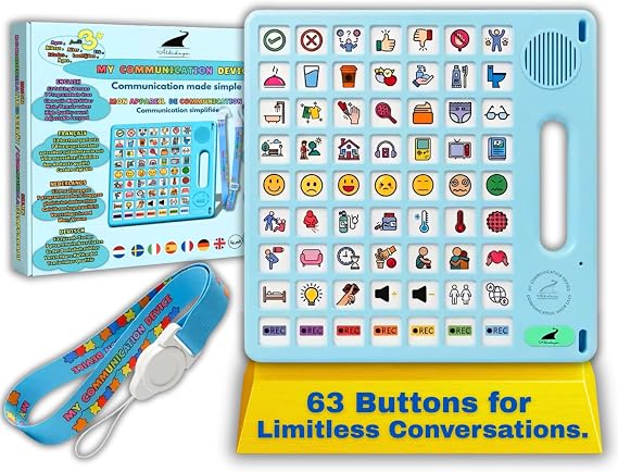 8 Languages AAC Device for Autism, 63 Buttons, Communication Board for None Verbal, Stroke Survivors Speech Support, TBI, Talking aid Tool for Delayed Speech terapy, Ajustable Lanyard.